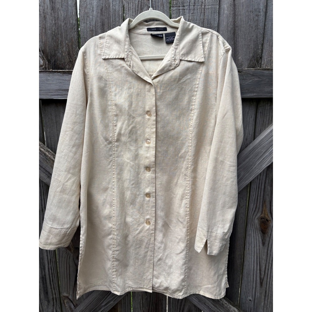George Womens 100% Linen Button Down Tunic Shirt XL Latte Beige Long Sleeve Top